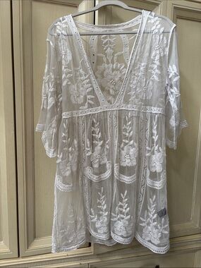SHEIN White Floral Embroidered Sheer Beach Coverup